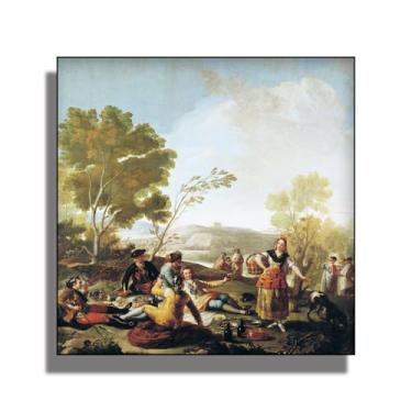 Imagem de OKRA Arte de parede em tela Goya - Piquenique nas margens dos Manzanares Decoração de casa - Pintura de paisagem histórica - Adequado para restaurantes, cafés e livrarias. Sem moldura. 12 x 12 pol/30