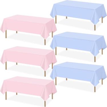 Imagem de RuiYok Pacote com 6 toalhas de mesa de plástico descartáveis, rosa e azul, 137 x 272 cm, capas de mesa retangulares à prova d'água para meninos ou meninas, decorações de festa de chá de bebê