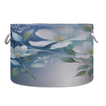 Imagem de JUZIHAI Cesta de armazenamento dobrável de flores brancas, cesto de roupa suja para bebê, cobertor com alças de corda de algodão, caixa de brinquedos dobrável, organizador de armário para quarto