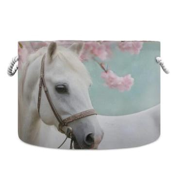 Imagem de JUZIHAI Cesta de armazenamento dobrável de cavalo branco para bebê, cesto de roupa suja, cobertor com alças de corda de algodão, caixa de brinquedos dobrável, organizador de armário para quarto