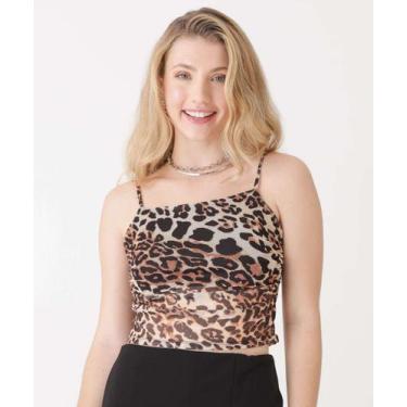 Imagem de Blusa Feminina Tule Animal Print Manga Curta Marisa-25107, Marrom, P