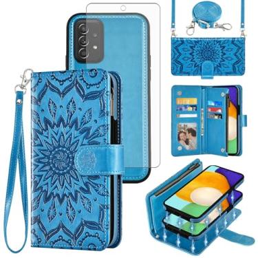 Imagem de Capa de celular para Samsung Galaxy A52/A52S 5G com zíper carteira magnética destacável com protetor de tela alça transversal flor flip porta-cartões A 52 S 4G G5 52A S52 52S azul