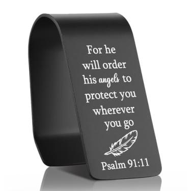 Imagem de EFFJNSG Clipe de viseira de carro cristão com escritura do Salmo 91:11, acessório religioso de aço inoxidável para carro, presente inspirador para motorista, lembrete de proteção e segurança baseado