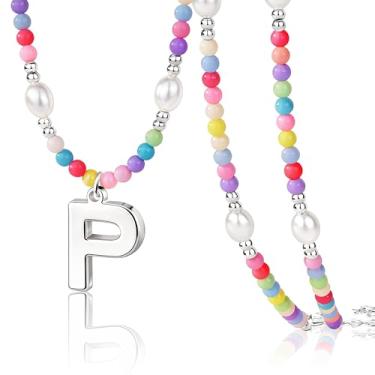 Imagem de Poxtex Lindos colares de contas com inicial para meninas, elegantes e coloridas, pérolas, letras, gargantilhas, para mulheres, adolescentes, feito à mão, banhado a ouro 14K, boêmio, joias
