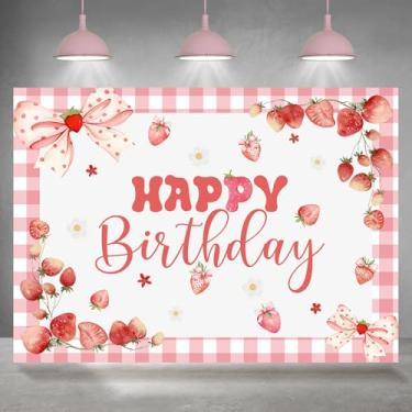 Imagem de Rsuuinu Cenário fotográfico de feliz aniversário para meninas, fundo de laço de morango, 2,1 x 1,5 m, meninas, crianças, decoração de festa de feliz aniversário, suprimentos para banner, cabine