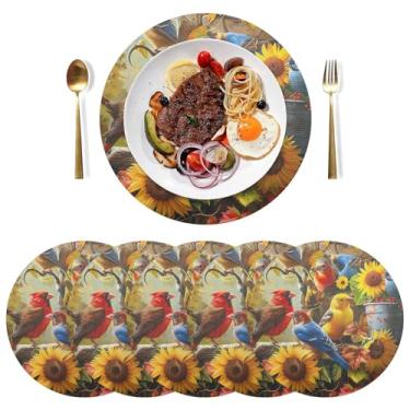 Imagem de Tapete de mesa de jardim de outono pássaros de 38 cm, tapete de mesa de jantar, jogo americano lavável em PVC, conjunto de 6