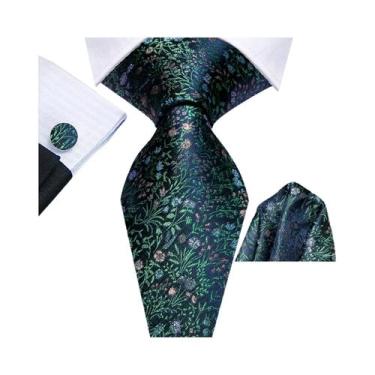 Imagem de Gravata Floral Masculina Rosa Roxa Verde Para Casamento, Abotoaduras E