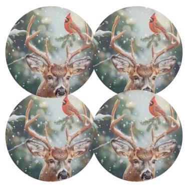 Imagem de Conjunto de tapetes de mesa de PVC de 38 cm e veado e pássaro, 4, jogos americanos laváveis, decorações de mesa para sala de jantar