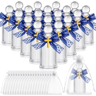 Imagem de SiliFine Conjunto de 20 garrafas sagradas de vidro 40 ml recipientes vazios com cruz de ouro para igreja católica cristã Halloween primeira comunhão batismo festa presente (laço azul)
