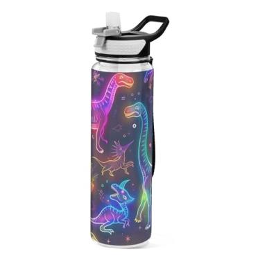 Imagem de ODAWA Garrafa esportiva fofa Neon Line Art Dinossauros com canudo e alça 940 ml reutilizável Tritan Grande Jarra de água