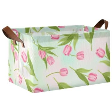 Imagem de Suéter organizador dobrável de folhas verdes tulipas rosa para armário com alças, cestas de armazenamento para prateleiras 17 x 29 x 25 cm, cestas organizadoras, 1 pacote