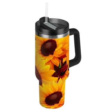 Imagem de Copos escuros de girassóis vibrantes monarca com tampas e canudo de aço inoxidável garrafa de água isolada de 850 g copo com alça à prova de vazamento de carros garrafa de água para copo de carro