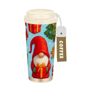 Imagem de TSENQUE Copo de café de 473 ml com tampa de canudo e filp, copos de parede dupla isolados a vácuo com revestimento cerâmico, lindos gnomos de Natal vermelhos