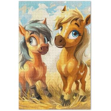 Imagem de Quebra-cabeça de cavalos fofos de desenho animado, 500 peças, elefante branco adulto, brinquedo para a família, 50 x 35 cm