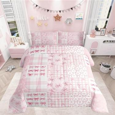 Imagem de Feelyou Conjunto de edredom infantil com laço rosa, solteiro, com laço de princesa, para quarto de crianças, meninos, meninas, decoração kawaii, microfibra, ultramacia e respirável