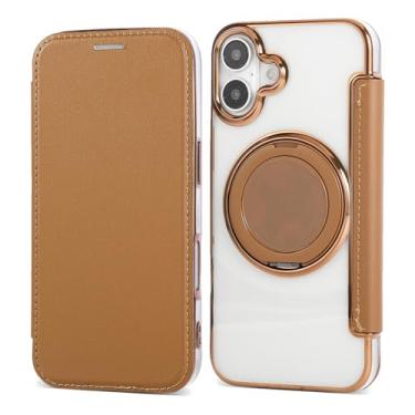 Imagem de Capa carteira para iPhone 17 com 3 compartimentos para cartão, bloqueio RFID, suporte de anel giratório de 360° e compatibilidade magnética, capa traseira transparente à prova de choque, suporta