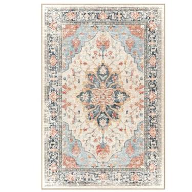 Imagem de RELEANY Tapetes de área 9,5 x 1,8 m lavável, antiderrapante, floral, vintage, estampa de angústia, tapete medalhão para sala de estar, quarto, sala de jantar, bege, azul marinho, laranja, colorido