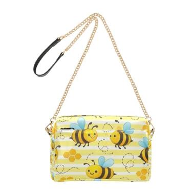 Imagem de Joitme Cute Bees Bolsa feminina listrada amarela bolsa tiracolo bolsa de telefone linda bolsa de ombro de couro PU alça de corrente