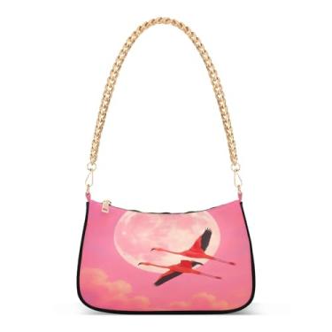 Imagem de Bolsa de ombro flamingos lua rosa céu lua lua corrente bolsa feminina Hobo bolsa clutch para uso diário e noite