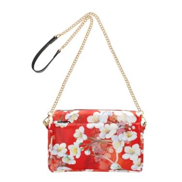 Imagem de Joitme Bolsa feminina transversal para celular com alça de corrente de couro PU bolsa de ombro branca flores de cerejeira vermelha