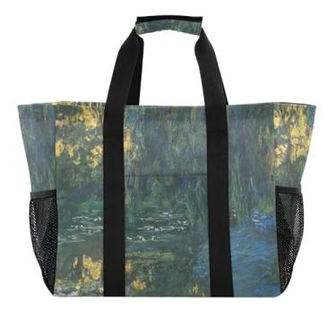 Imagem de Joitme Monet Pintura Nenúfares Bolsas de Praia para Mulheres Bonito Impermeável Grande Piquenique Reutilizável Sacola de Pano de Mercearia Saco de Pano de Desenho Diário Desenho Animado Viagem Piscina