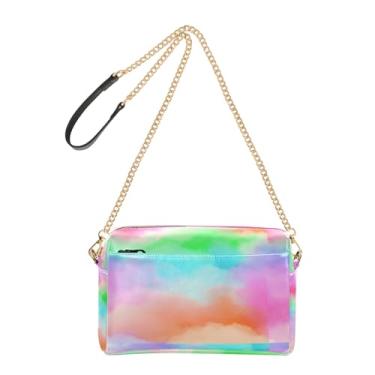 Imagem de Joitme Bolsa de ombro feminina transversal para celular com alça de corrente de couro PU bolsa de ombro abstrata colorida nuvem arco-íris