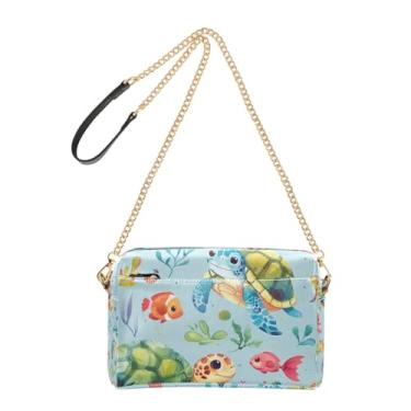 Imagem de Joitme Bolsa de ombro feminina transversal para celular linda bolsa de ombro de couro PU com alça de corrente aquarela tartaruga marinha criatura azul
