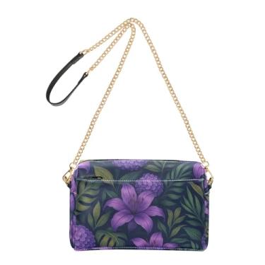 Imagem de Bolsa feminina transversal para celular bolsa de ombro de couro PU alça de corrente flores roxas folhas verdes