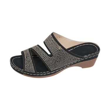 Imagem de Chinelo feminino moderno casual primavera e verão confortável strass cor sólida bico redondo bico aberto uma linha inferior grossa salto cunha, Preto, 36