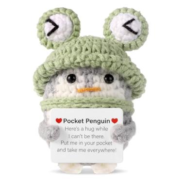 Imagem de Pinguim positivo engraçado, mini brinquedo fofo de pinguim tricotado com chapéu de sapo cartão de incentivo boneca pinguim crochê positivo presente de pelúcia torcendo para decoração de festa de