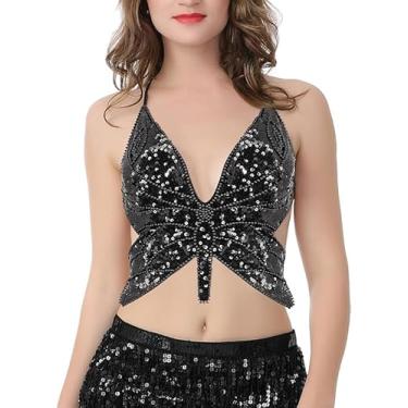 Imagem de Regata feminina sexy com glitter e borboleta, corte baixo, colete tubular para dança do ventre