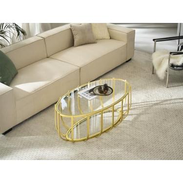 Imagem de Saint Mossi Mesa de centro de vidro Oavl para sala de estar, mesa central de vidro moderna de 2 camadas, tampo de vidro transparente com pernas e moldura de acabamento dourado