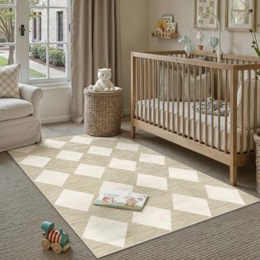 Imagem de PureCozy Tapetes quadriculados 7,5 x 12,5 cm para sala de estar, bege, lavável à máquina, tapete grande, antiderrapante, resistente a manchas, com detalhe boho, para uso interno, escritório, quarto