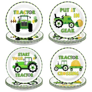 Imagem de Greencian 60 peças de pratos de papel de festa de trator verde 23 cm, tratores de desenhos animados, sobremesa, bolo, pratos de papel, pratos descartáveis com tema de trator para meninos, decorações