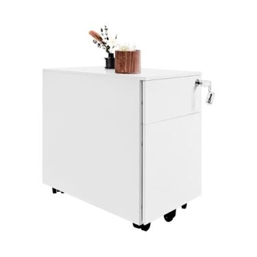 Imagem de Fromann Arquivos móveis de metal para escritório com 2 gavetas com trava pequenas sob a mesa armários brancos