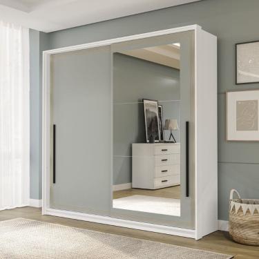 Imagem de Guarda Roupa Roupeiro 2 portas de correr 2 gavetas com Espelho Valência Branco Verde Politorno Móveis