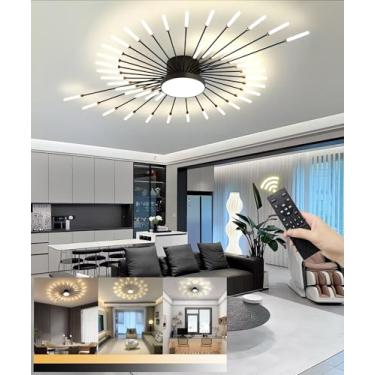 Imagem de Luminária de teto LED moderna com 42+1 lâmpadas, estilo lustre, semi-embutida, com controle remoto, ideal para sala de estar, escritório, quarto e restaurante (preta, 42+1 lâmpadas).