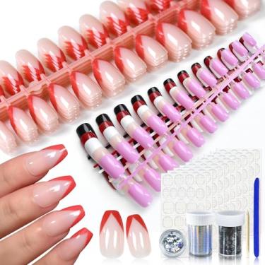 Imagem de 10 unidades de unhas de pressão, unhas postiças vermelhas brilhantes e roxas, unhas postiças para salão de beleza, unhas francesas e vermelhas, presentes diários para mulheres e meninas com abas