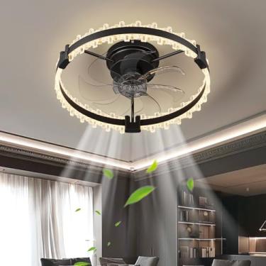 Imagem de Ventilador de teto com luzes, design de cristal, 50 cm, estilo lustre, com controle remoto por aplicativo, 6 velocidades, dimerizável, reversível, com timer, silencioso e função de memória p