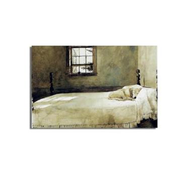 Imagem de Quarto principal por Andrew Wyeth Circa 1965 cachorro descansando na cama Cena Realismo Vintage Print Poster arte decoração de parede impressão pôsteres tela sala presentes decorativos 61 x 40 Tamanho
