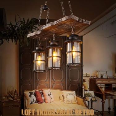 Imagem de Lâmpada Suspensa Vintage Lâmpada Pendente Retro Edison Loft Lustre Retro Industrial Lâmpada De Teto De Ferro Ajustável Em Altura E27 Madeira Ferro Abajur De Vidro Lâmpada Pen, 3Heads