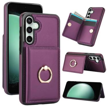 Imagem de Capa carteira para Samsung Galaxy S25 Plus de 6,7 polegadas com suporte para cartão, capa de couro com bloqueio RFID, suporte de anel giratório de 360° com fecho magnético à prova de choque (roxo