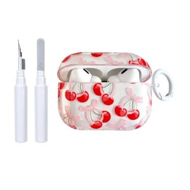 Imagem de inewateri Capa compatível com AirPods 4 com kit de limpeza bonito laço cereja design transparente chaveiro à prova de choque TPU macio moda capa para meninas mulheres para Airpods 4-vermelho