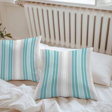 Imagem de Chucoco Capa de almofada à prova d'água para ambientes externos, listras azul-petróleo, linhas decorativas, capas de almofada, estilo minimalista, pacote com 2 fronhas, para pátio, jardim, varanda