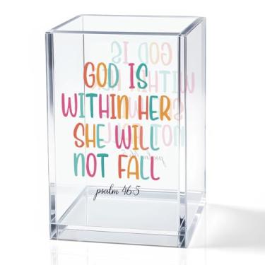 Imagem de QYUVK Porta-lápis de acrílico I'm So Happy You're Here, suporte de caneta boho engraçado para mulheres, acessórios de mesa para sala de aula, presentes inspiradores para filha, organizador de pincéis