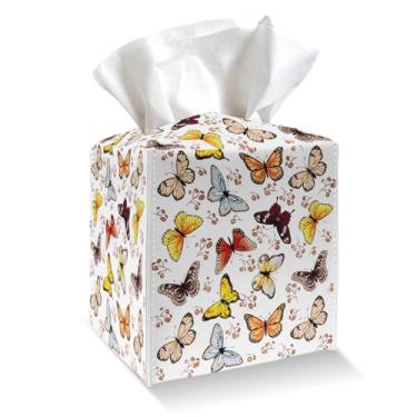 Imagem de Suporte de capa de caixa de lenços, capa de caixa de lenços de couro PU de borboleta colorida com cinto inferior, organizador de papel facial quadrado para mesa, banheiro, cozinha, carro e escritório