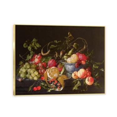Imagem de NHLDZYH Moldura dourada. Vintage Fruta Ainda Vida Tela Retro Frutas Motivo Estilo Country Decoração de Parede para Cozinha e Sala de Jantar. A64. 70 x 90 cm.