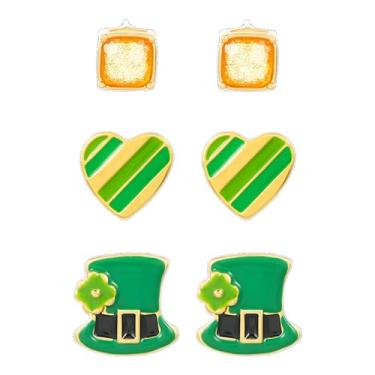 Imagem de MALOYANVE Conjunto de 3 pares de brincos femininos para o dia de São Patrício, fofo, esmaltado, trevo, cravo, brilhante, verde, irlandês, acessórios leves, festivos, boa sorte, presente de aniversário