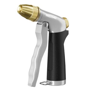 Imagem de RESTMO Bocal de mangueira de água resistente, bocal de mangueira de jardim de alta pressão, bocal pulverizador de mangueira de metal com padrões de pulverização ajustáveis para irrigação de jardim