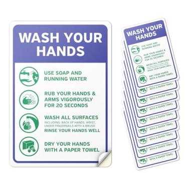 Imagem de 101SignCity Adesivo de vinil de 17,8 cm x 25,4 cm Wash Your Hands (10 unidades), placa de higiene com guia de lavagem das mãos em 4 etapas, azul, pôster autoadesivo à prova d'água para banheiros e